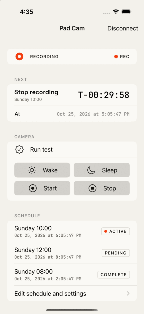 The Kairos app during a recording: status, a T-minus countdown to the next event, camera controls and the schedule.